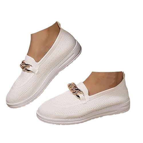 Xbemkste Damen Slip On Sneaker mit Kette Bequeme Schlupfschuhe Leichte Atmungsaktive Flach Sportlich Freizeitschuhe Walkingschuhe Lässige Damenschuhe Bootsschuhe (White, 39) von Xbemkste