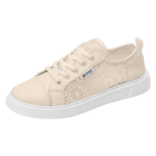 Xbemkste Damen Sneaker Flach mit Schnürsenkeln Spitze Bestickt Trachten Freizeitschuhe Bequeme Atmungsaktives Sommerschuhe Walkingschuhe Turnschuhe Damen Halbschuhe (Khaki, 36) von Xbemkste