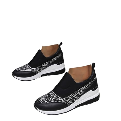 Xbemkste Damen Sneaker mit Keilabsatz Schicke Freizeitschuhe mit Strass Bequeme Weiche Slip On Turnschuhe Walkingschuhe Atmungsaktive Schlupfschuhe Trachtenschuhe (40) von Xbemkste