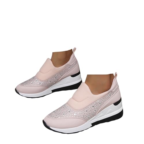 Xbemkste Damen Sneaker mit Keilabsatz Schicke Freizeitschuhe mit Strass Bequeme Weiche Slip On Turnschuhe Walkingschuhe Atmungsaktive Schlupfschuhe Trachtenschuhe (Red, 37) von Xbemkste
