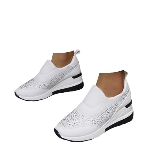Xbemkste Damen Sneaker mit Keilabsatz Schicke Freizeitschuhe mit Strass Bequeme Weiche Slip On Turnschuhe Walkingschuhe Atmungsaktive Schlupfschuhe Trachtenschuhe (White, 38.5) von Xbemkste