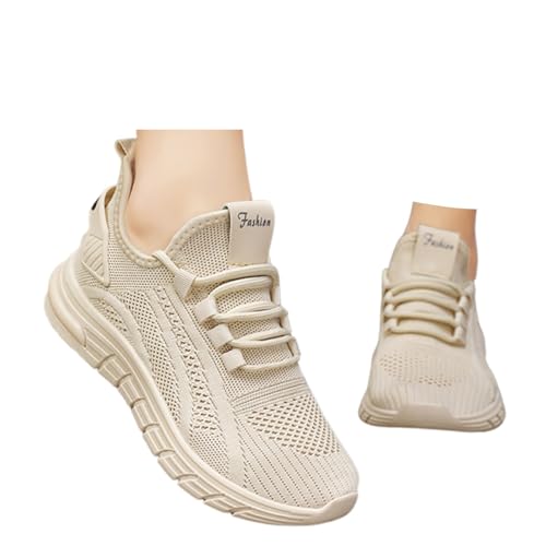 Xbemkste Damen Sneakers Leichtgewichts Sportschuhe Atmungsaktive Laufschuhe Slip On Walkingschuhe Bequeme Straßenlaufschuhe rutschfeste Turnschuhe (Beige, 40) von Xbemkste