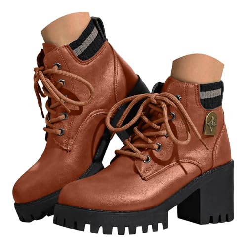 Xbemkste Damen Stiefeletten aus Leder Knöchelstiefel mit Chunky Absatz Vintage Schnürstiefel Runde Zehe Kurzschaft Boots Elegant Damenstiefel Bequemer Ankle Boots Winterstiefel (Brown, 40.5) von Xbemkste