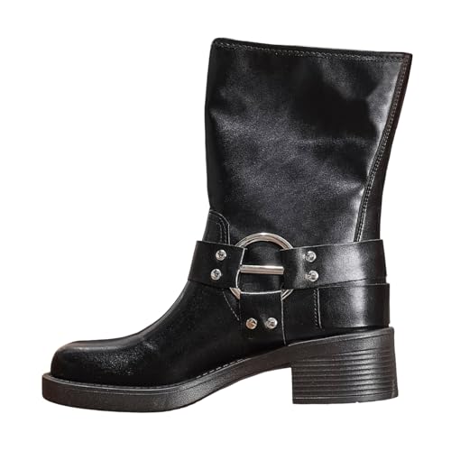Xbemkste Damen Stiefeletten mit Chunky Absatz und seitlicher Schnalle Kurz Westernstiefel Wasserdticht Regenstiefel Kurzschaft Boots Weitschaftstiefel (39) von Xbemkste