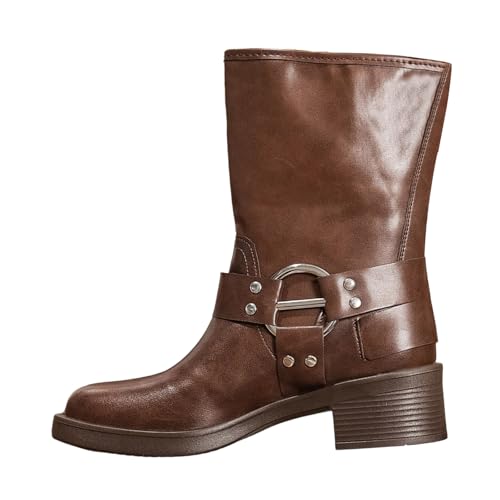 Xbemkste Damen Stiefeletten mit Chunky Absatz und seitlicher Schnalle Kurz Westernstiefel Wasserdticht Regenstiefel Kurzschaft Boots Weitschaftstiefel (Brown, 39) von Xbemkste