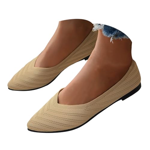 Xbemkste Damen Strick-Ballerinas Flache Slip-On Knit Kleid Schuhe Bequeme Arbeitschuhe Pointed Toe Schlupfschuhe Freizeitschuhe Leichte Sommerschuhe für Büro & Alltag (Beige, 41) von Xbemkste