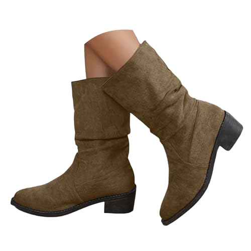 Xbemkste Damen Trachten Stiefel Blockabsatz Spitze Zehe Halbstiefel Westernstiefel Lässige Damenstiefel Halbschaft Boots Elegant Winterstiefel Wasserdicht Schlupfstiefel (39) von Xbemkste