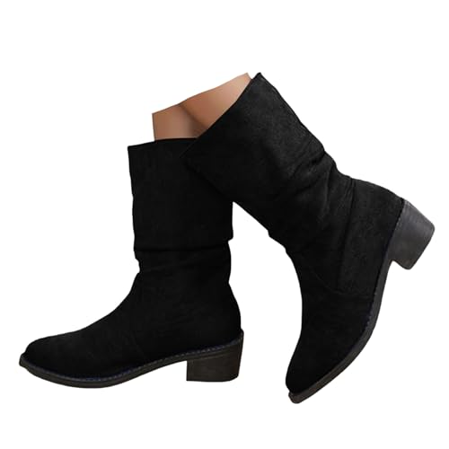 Xbemkste Damen Trachten Stiefel Blockabsatz Spitze Zehe Halbstiefel Westernstiefel Lässige Damenstiefel Halbschaft Boots Elegant Winterstiefel Wasserdicht Schlupfstiefel (40) von Xbemkste