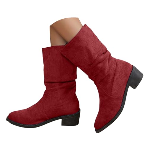 Xbemkste Damen Trachten Stiefel Blockabsatz Spitze Zehe Halbstiefel Westernstiefel Lässige Damenstiefel Halbschaft Boots Elegant Winterstiefel Wasserdicht Schlupfstiefel (40.5) von Xbemkste