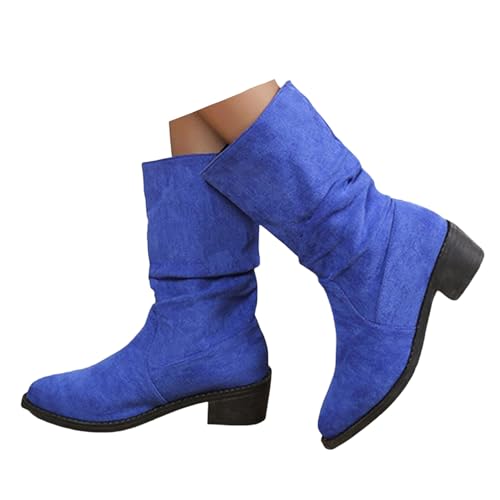 Xbemkste Damen Trachten Stiefel Blockabsatz Spitze Zehe Halbstiefel Westernstiefel Lässige Damenstiefel Halbschaft Boots Elegant Winterstiefel Wasserdicht Schlupfstiefel (Blue, 37.5) von Xbemkste