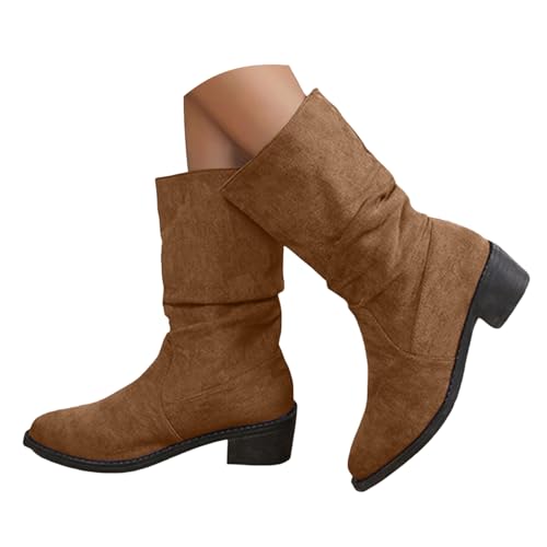 Xbemkste Damen Trachten Stiefel Blockabsatz Spitze Zehe Halbstiefel Westernstiefel Lässige Damenstiefel Halbschaft Boots Elegant Winterstiefel Wasserdicht Schlupfstiefel (Brown, 39) von Xbemkste