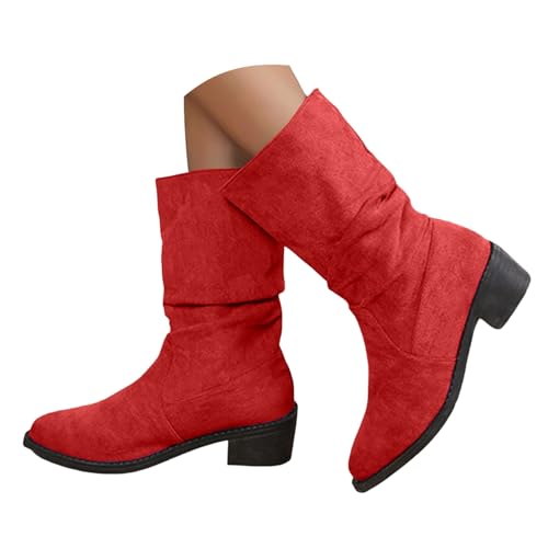 Xbemkste Damen Trachten Stiefel Blockabsatz Spitze Zehe Halbstiefel Westernstiefel Lässige Damenstiefel Halbschaft Boots Elegant Winterstiefel Wasserdicht Schlupfstiefel (Red, 37.5) von Xbemkste