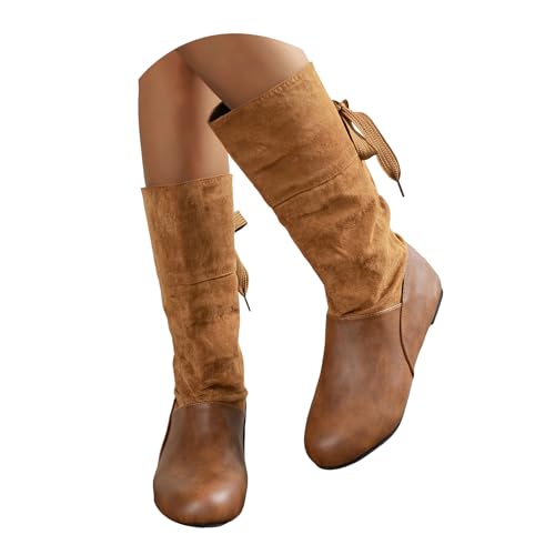 Xbemkste Damen Trachten Stiefel Flach Runde Zehe Halbstiefel Westernstiefel Lässige Damenstiefel Halbschaft Boots Elegant Winterstiefel Wasserdicht Schlupfstiefel (A, 39) von Xbemkste