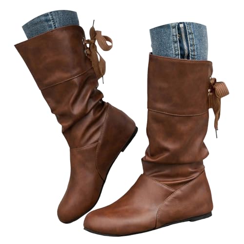 Xbemkste Damen Trachten Stiefel Flach Runde Zehe Halbstiefel Westernstiefel Lässige Damenstiefel Halbschaft Boots Elegant Winterstiefel Wasserdicht Schlupfstiefel (C, 41) von Xbemkste