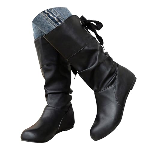 Xbemkste Damen Trachten Stiefel Flach Runde Zehe Halbstiefel Westernstiefel Lässige Damenstiefel Halbschaft Boots Elegant Winterstiefel Wasserdicht Schlupfstiefel (D, 40) von Xbemkste