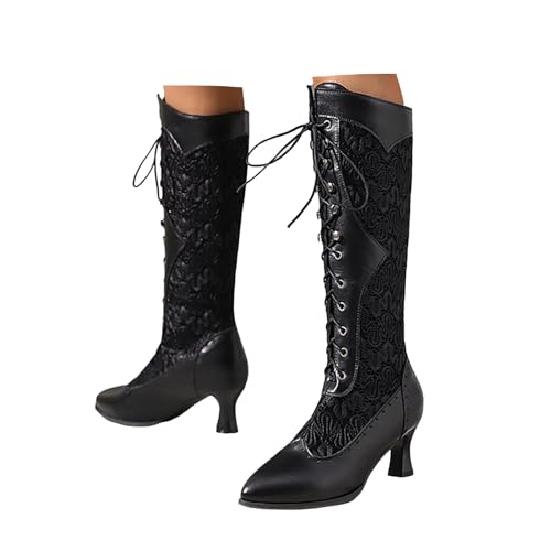 Xbemkste Damen Vintage Langschaftstiefel mit Absatz Biker Boots Schnürstiefel Spitzenapplikation Kniehohe Stiefel Hohe Damenstiefel Elegant Lange Stiefel Winterstiefel (37) von Xbemkste