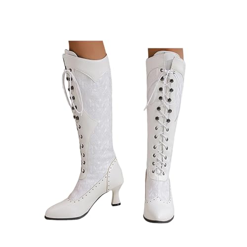 Xbemkste Damen Vintage Langschaftstiefel mit Absatz Biker Boots Schnürstiefel Spitzenapplikation Kniehohe Stiefel Hohe Damenstiefel Elegant Lange Stiefel Winterstiefel (White, 42) von Xbemkste