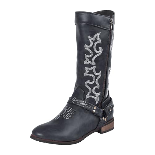 Xbemkste Damen Vintage Langschaftstiefel mit Absatz Western Cowboystiefel mit Stickereien und Reißverschluss aus Leder Kniehohe Boots Hohe Damenstiefel Winterstiefel (40) von Xbemkste