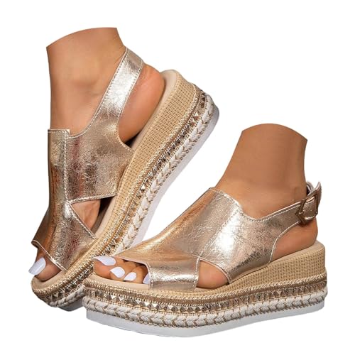 Xbemkste Damen Wedges mit Keilabsatz Sandalen Plateau Espadrilles Elegant Slingback Sandaletten Verstellbare Schnalle Bequeme Weiche Sohle Sommersandalen (Gold, 39) von Xbemkste