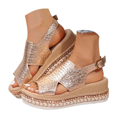 Xbemkste Damen Wedges mit Keilabsatz Sandalen Plateau Espadrilles Elegant Slingback Sandaletten Verstellbare Schnalle Bequeme Weiche Sohle Sommersandalen (Rose Gold, 37.5) von Xbemkste