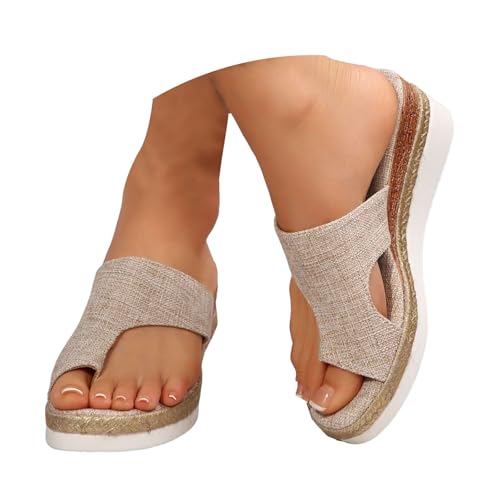 Xbemkste Damen Zehensandalen mit Keilabsatz Hallux Valgus Bunion Rutschfeste Flip Flops Espadrilles Sommer Strand Reise Pantolette Bequeme Big Toe Hausschuhe (Khaki, 41) von Xbemkste
