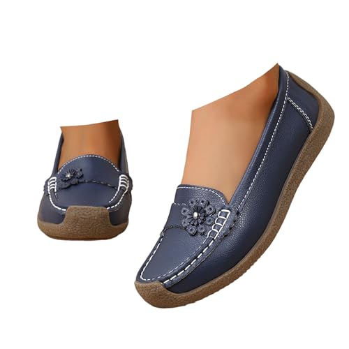Xbemkste Flache Loafer Damen Slip On Mokassins Slippers mit Blumen Bequeme Freizeitschuhe Elegant Arbeitschuhe Leichte Schlupfschuhe Bootsschuhe für Büro,Alltag (Blue, 41) von Xbemkste