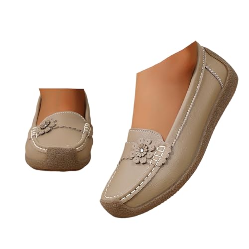 Xbemkste Flache Loafer Damen Slip On Mokassins Slippers mit Blumen Bequeme Freizeitschuhe Elegant Arbeitschuhe Leichte Schlupfschuhe Bootsschuhe für Büro,Alltag (Khaki, 38.5) von Xbemkste