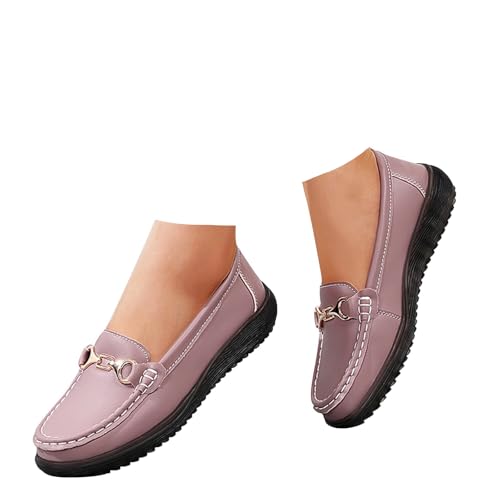 Xbemkste Flache Schuhe Für Damen Leder Loafer Elegant Business-Schuhe Mokassins Slippers mit Metallschnalle Slip On Loafer Schuhe Arbeitsschuhe Bequeme Halbschuhe (Light Purple, 35) von Xbemkste