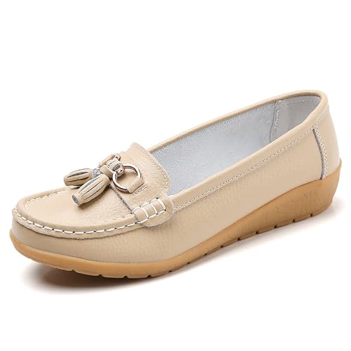 Xbemkste Flache Schuhe Für Damen Leder Loafer Elegant Mokassins Slippers mit Metallschnalle Weiche Sohle Loafer Schuhe Slip On Arbeitsschuhe Halbschuhe Bequeme Freizeitschuhe (Beige, 40.5) von Xbemkste