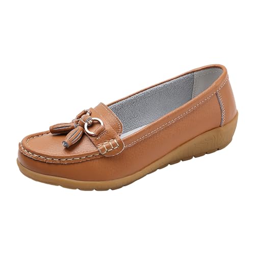Xbemkste Flache Schuhe Für Damen Leder Loafer Elegant Mokassins Slippers mit Metallschnalle Weiche Sohle Loafer Schuhe Slip On Arbeitsschuhe Halbschuhe Bequeme Freizeitschuhe (Brown, 37.5) von Xbemkste