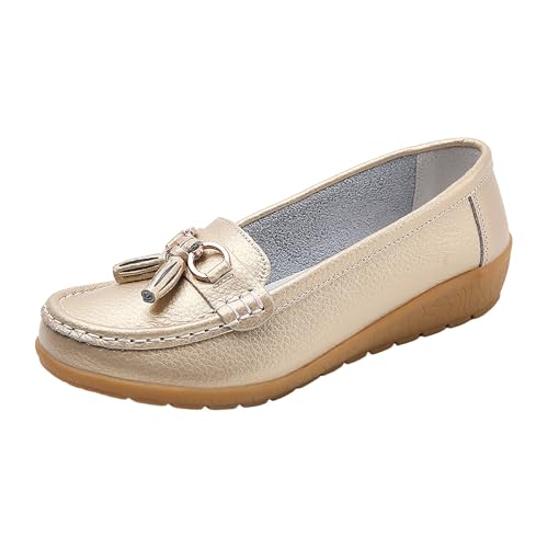 Xbemkste Flache Schuhe Für Damen Leder Loafer Elegant Mokassins Slippers mit Metallschnalle Weiche Sohle Loafer Schuhe Slip On Arbeitsschuhe Halbschuhe Bequeme Freizeitschuhe (Gold, 41.5) von Xbemkste
