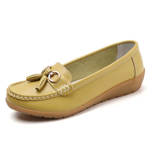 Xbemkste Flache Schuhe Für Damen Leder Loafer Elegant Mokassins Slippers mit Metallschnalle Weiche Sohle Loafer Schuhe Slip On Arbeitsschuhe Halbschuhe Bequeme Freizeitschuhe (Light Yellow, 41) von Xbemkste