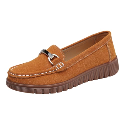 Xbemkste Flache Schuhe für Damen Klassische Loafer Elegant Business Schuhe Slip On Mokassins Slippers Bequeme Walkingschuhe Leichte Schlupfschuhe Büro Freizeitschuhe (Brown, 40) von Xbemkste