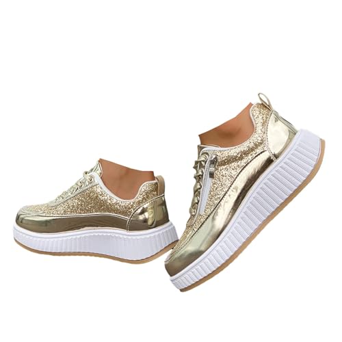 Xbemkste Freizeitschuhe Damen Halbschuhe Glitzer Lackschuhe mit Plateau Bequeme Sportschuhe Leichte Sommerschuhe Low-Top Walkingschuhe Damen Sneaker Plateauschuhe (Gold, 38.5) von Xbemkste