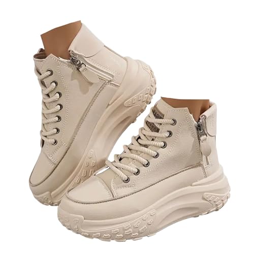 Xbemkste Freizeitschuhe Damen High Top Plateauschuhe mit Reißverschluss Schicke Schnürschuhe Bequeme Walkingschuhe Sneaker Damen Schuhe mit Plateau (Khaki, 37.5) von Xbemkste