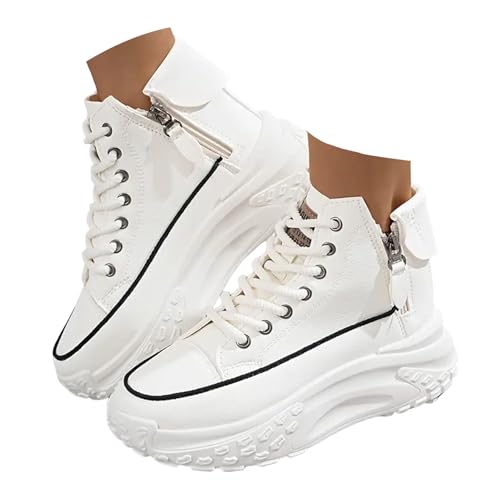 Xbemkste Freizeitschuhe Damen High Top Plateauschuhe mit Reißverschluss Schicke Schnürschuhe Bequeme Walkingschuhe Sneaker Damen Schuhe mit Plateau (White, 36) von Xbemkste