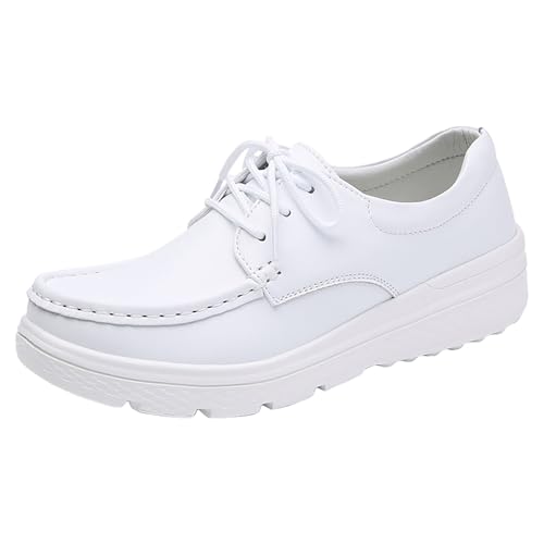Xbemkste Freizeitschuhe Damen Krankenschwester Schuhe Bequeme rutschfeste Flach Schuhe Walkingschuhe Damen Arbeitschuhe Elegant Leather Schnürschuhe (White, 37) von Xbemkste
