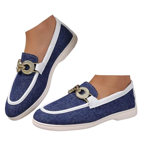 Xbemkste Freizeitschuhe Damen Loafer mit Metallschnalle Slip On Flache Schuhe Lässige Sommerschuhe Leichte Weiche Sohle Halbschuhe Elegant Damenschuhe für Büro & Alltag (Blue, 39) von Xbemkste