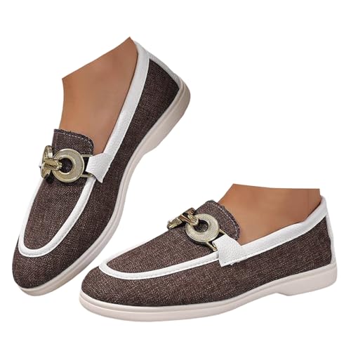 Xbemkste Freizeitschuhe Damen Loafer mit Metallschnalle Slip On Flache Schuhe Lässige Sommerschuhe Leichte Weiche Sohle Halbschuhe Elegant Damenschuhe für Büro & Alltag (Brown, 37.5) von Xbemkste