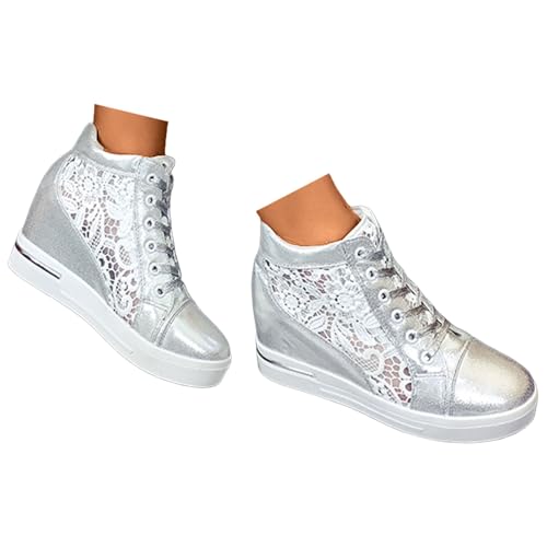 Xbemkste Freizeitschuhe Damen Plateauschuhe mit Keilabsatz Schicke Spitzenblume Ausgeschnittene Elegant Schnürschuhe Atmungsaktives Sommerschuhe Walkingschuhe (38.5) von Xbemkste