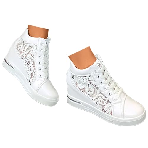 Xbemkste Freizeitschuhe Damen Plateauschuhe mit Keilabsatz Schicke Spitzenblume Ausgeschnittene Elegant Schnürschuhe Atmungsaktives Sommerschuhe Walkingschuhe (White, 37.5) von Xbemkste