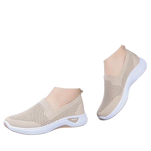 Xbemkste Freizeitschuhe Damen Slip On Sneaker Mesh Atmungsaktive Bequem Trachtenschuhe Sommerschuhe Flache Schuhe Leichte Turnschuhe Lässige Walkingschuhe (Beige, 39) von Xbemkste
