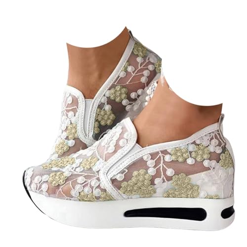 Xbemkste Freizeitschuhe Damen Slip On Sneaker mit Plateau Bequeme Atmungsaktives Spitze Mesh Schlupfschuhe Leicht Flache Schuhe Outdoor Walkingschuhe Sommerschuhe (Yellow, 36) von Xbemkste