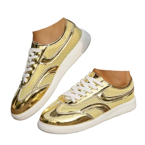 Xbemkste Freizeitschuhe Damen Sneaker Atmungsaktive Mesh Flach Schuhe Bequeme Halbschuhe Schnürer Sportschuhe Damen Low-Top Walkingschuhe Leichte Sommerschuhe (Gold, 40) von Xbemkste