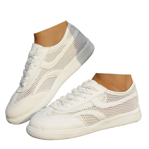 Xbemkste Freizeitschuhe Damen Sneaker Atmungsaktive Mesh Flach Schuhe Bequeme Halbschuhe Schnürer Sportschuhe Damen Low-Top Walkingschuhe Leichte Sommerschuhe (White, 38.5) von Xbemkste