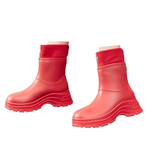 Xbemkste Gummistiefel Damen Halbhoch Gefüttert Wasserdicht Stiefel Regenstiefel rutschfeste Regenschuhe Gartenschuhe Rain Boots Gummistiefeletten Warm Winterstiefel (Red, 37.5) von Xbemkste
