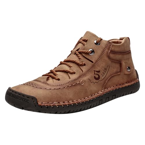 Xbemkste Gym Schuhe Herren Bequeme handgefertigte Lederstiefel Sneakers Freizeitschuhe Running Schuhe Herren (Brown, 37.5) von Xbemkste