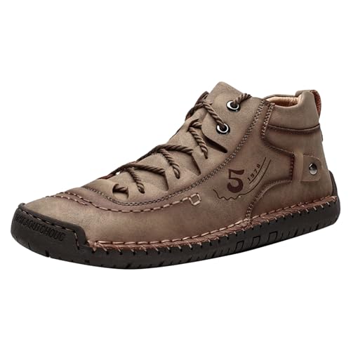 Xbemkste Gym Schuhe Herren Bequeme handgefertigte Lederstiefel Sneakers Freizeitschuhe Running Schuhe Herren (Khaki, 46) von Xbemkste