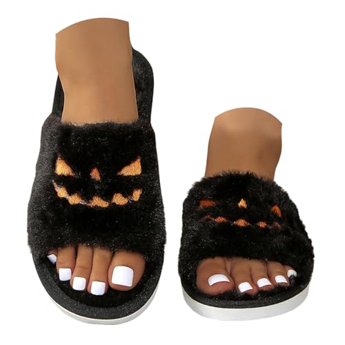 Xbemkste Halloween Hausschuhe Damen Winter Plüsch Pantoffeln Offene Zehe Fuzzy Schlappen Gemütliche Warme Kürbis Hausschuhe Flauschig Herbst Warme Indoor Outdoor Slippers (40.5) von Xbemkste