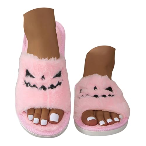 Xbemkste Halloween Hausschuhe Damen Winter Plüsch Pantoffeln Offene Zehe Fuzzy Schlappen Gemütliche Warme Kürbis Hausschuhe Flauschig Herbst Warme Indoor Outdoor Slippers (40.5) von Xbemkste